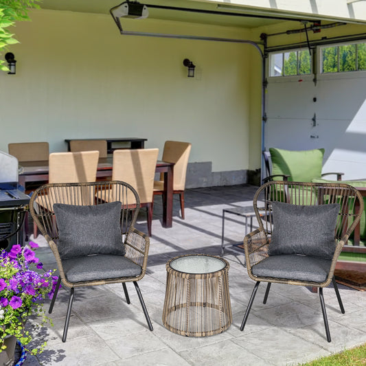 Outsunny 3-częściowy zestaw bistro z rattanu, zestaw mebli ogrodowych z wikliny z poduszkami, szklanym blatem stolika kawowego i krzesłami na zewnątrz, patio, balkon, szary