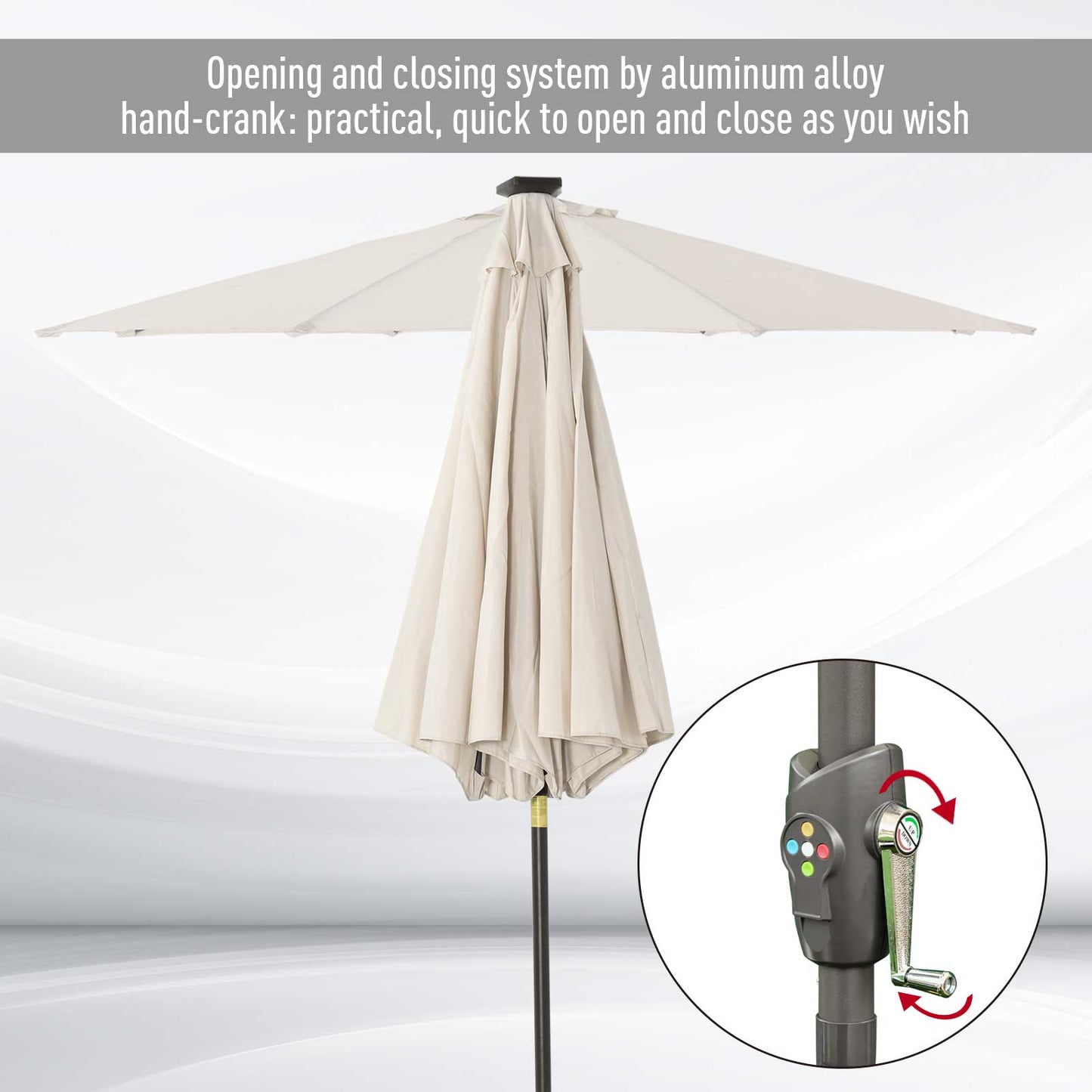 Outsunny 2,7 ​​m Parasol ogrodowy z 24 diodami LED, solarny, uchylny, na patio, klubowy, imprezowy, ręczny, z korbą i 8 żebrami, w kolorze złamanej bieli