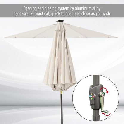 Outsunny 2,7 ​​m Parasol ogrodowy z 24 diodami LED, solarny, uchylny, na patio, klubowy, imprezowy, ręczny, z korbą i 8 żebrami, w kolorze złamanej bieli