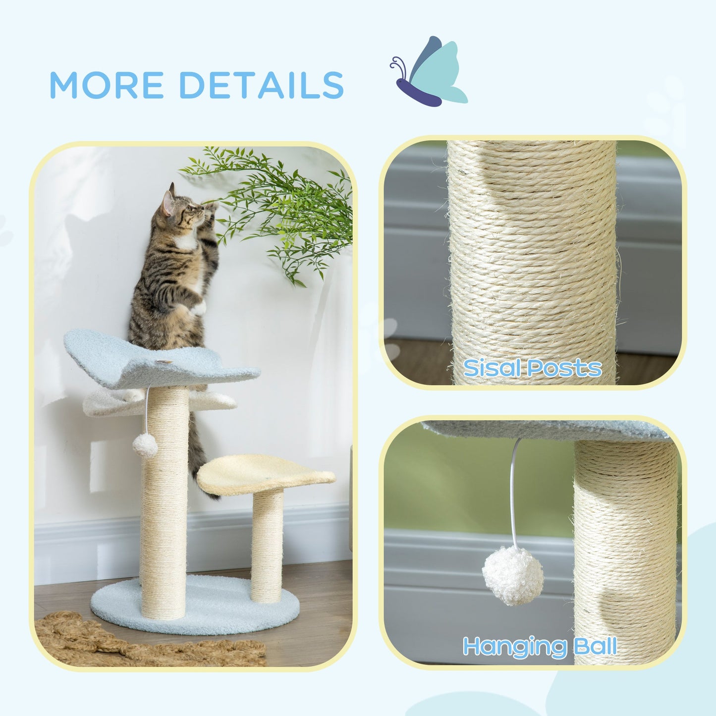 PawHut Indoor Cat Tree, with Sisal Scratching Post, Toy Ball - Blue and Cream