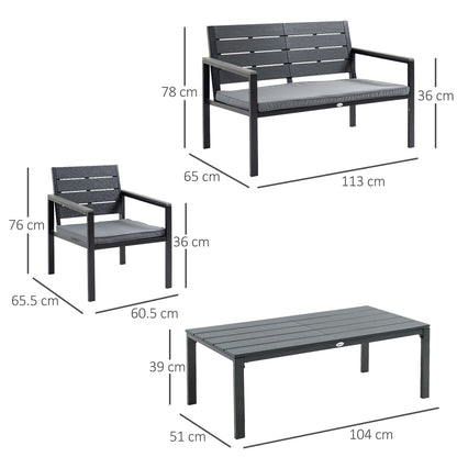 Outsunny 4 Piece Garden Sofa Set with Padded Cushions, HDPE Outdoor Conversation Furniture Set with Wood Grain Coffee Table, Steel Frame Grey