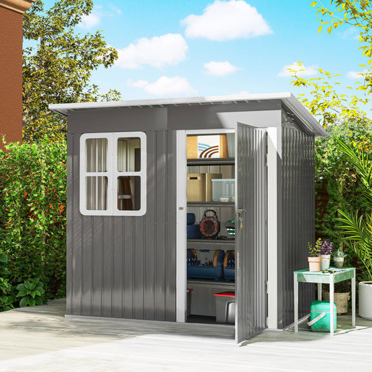 Outsunny 7 x 4ft Eco-friendly Galvanised Steel Garden Shed, with Lock and Gloves, 40kg/ã¡ Snow Capacity - Grey
