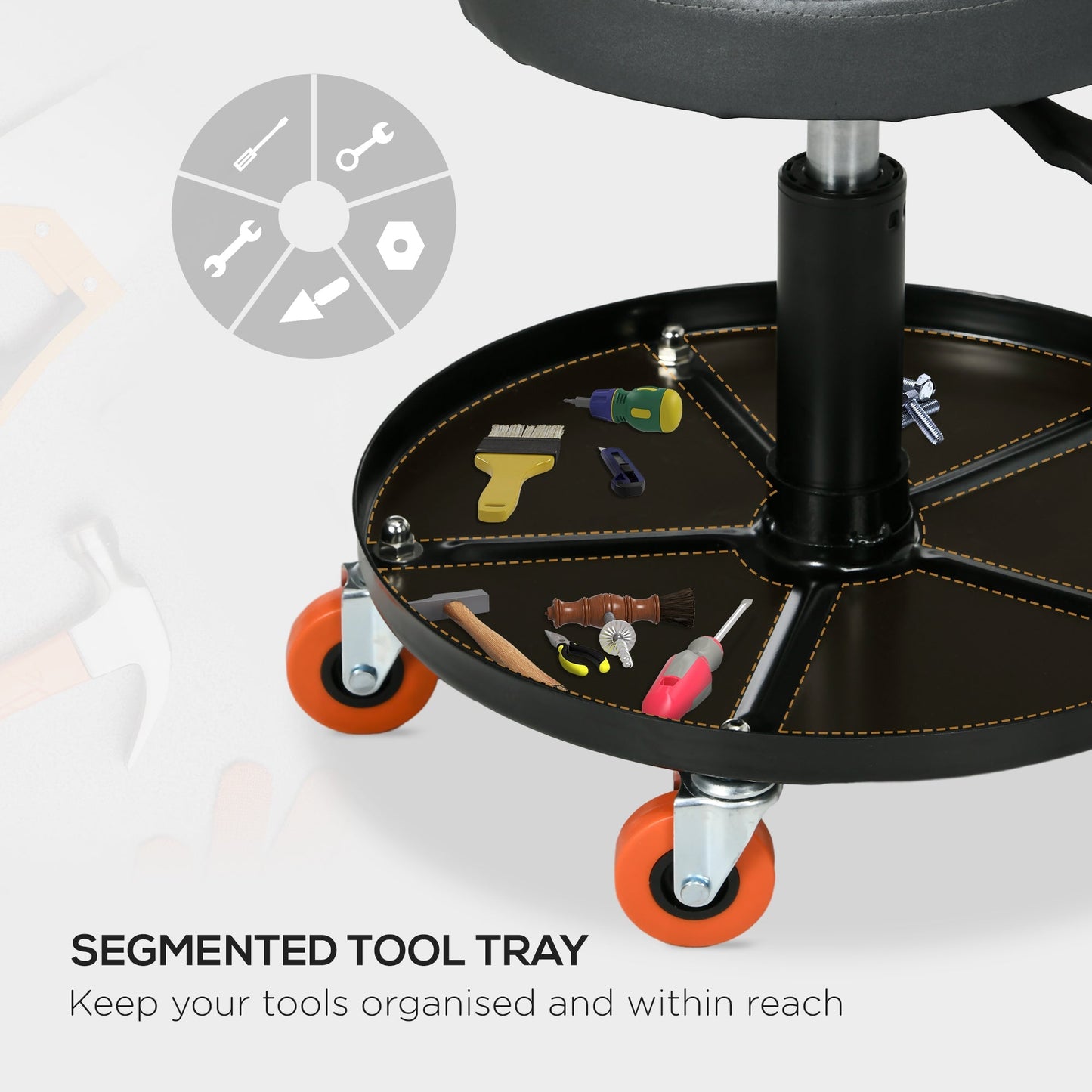 Workshop Stool Pneumatic Adjustable Height, Rolling Mechanic Stool W/ 360 Degree Swivel Padded Seat and Tool Tray,  Garage, Workshop, Auto Repair