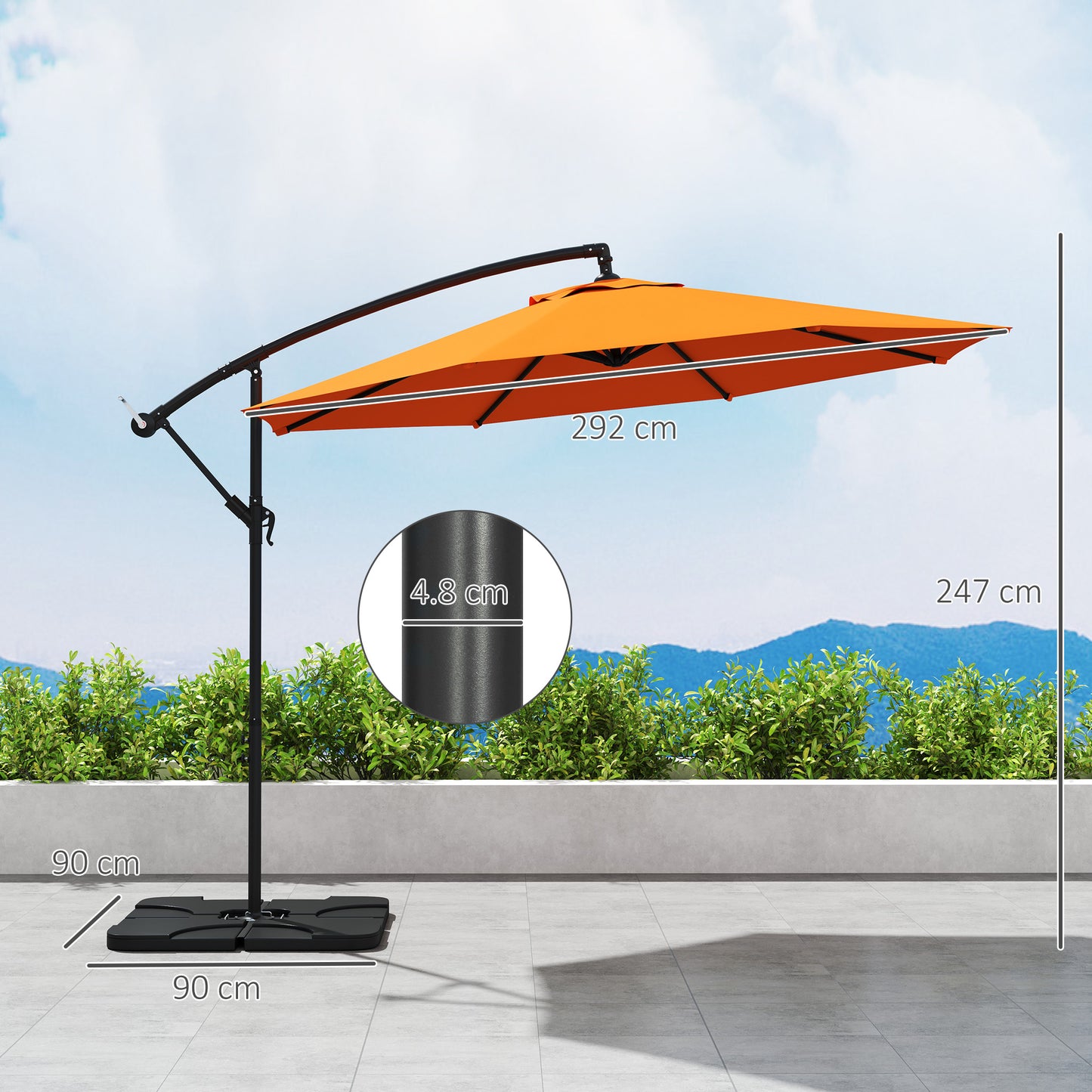 Parasol wiszący Outsunny 3m z podstawą, obciążnikami i pokrowcem - pomarańczowy