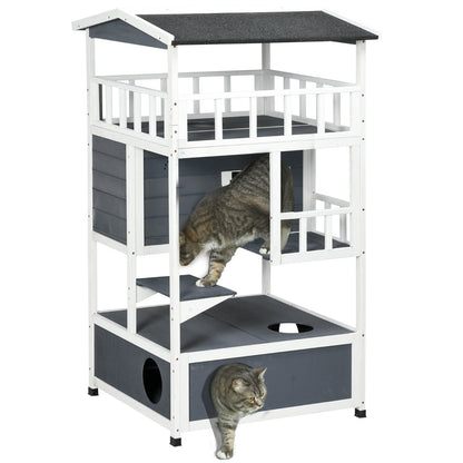 PawHut Wooden Outdoor Cat House 3-Tier for Winter Kitten Shelter Lodge w/ Tilted Roof Terrace Jump Step Bottom Tray Elevated Base Waterproof Paint Grey