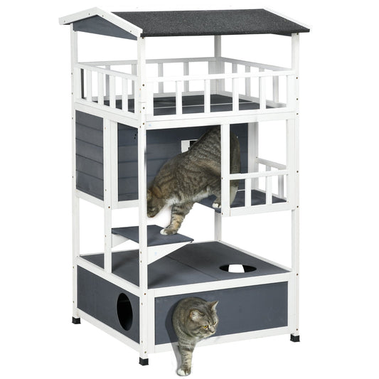 PawHut Wooden Outdoor Cat House 3-Tier for Winter Kitten Shelter Lodge w/ Tilted Roof Terrace Jump Step Bottom Tray Elevated Base Waterproof Paint Grey