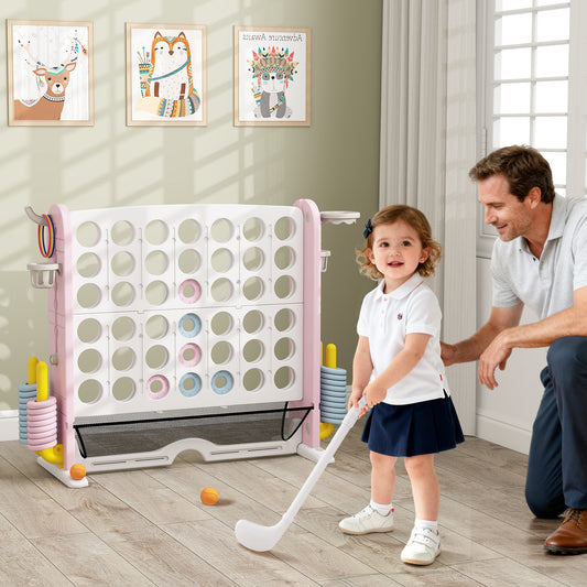 Jumbo 4-in-a Row Game Set with Basketball Hoop and 42 Rings-Pink & White