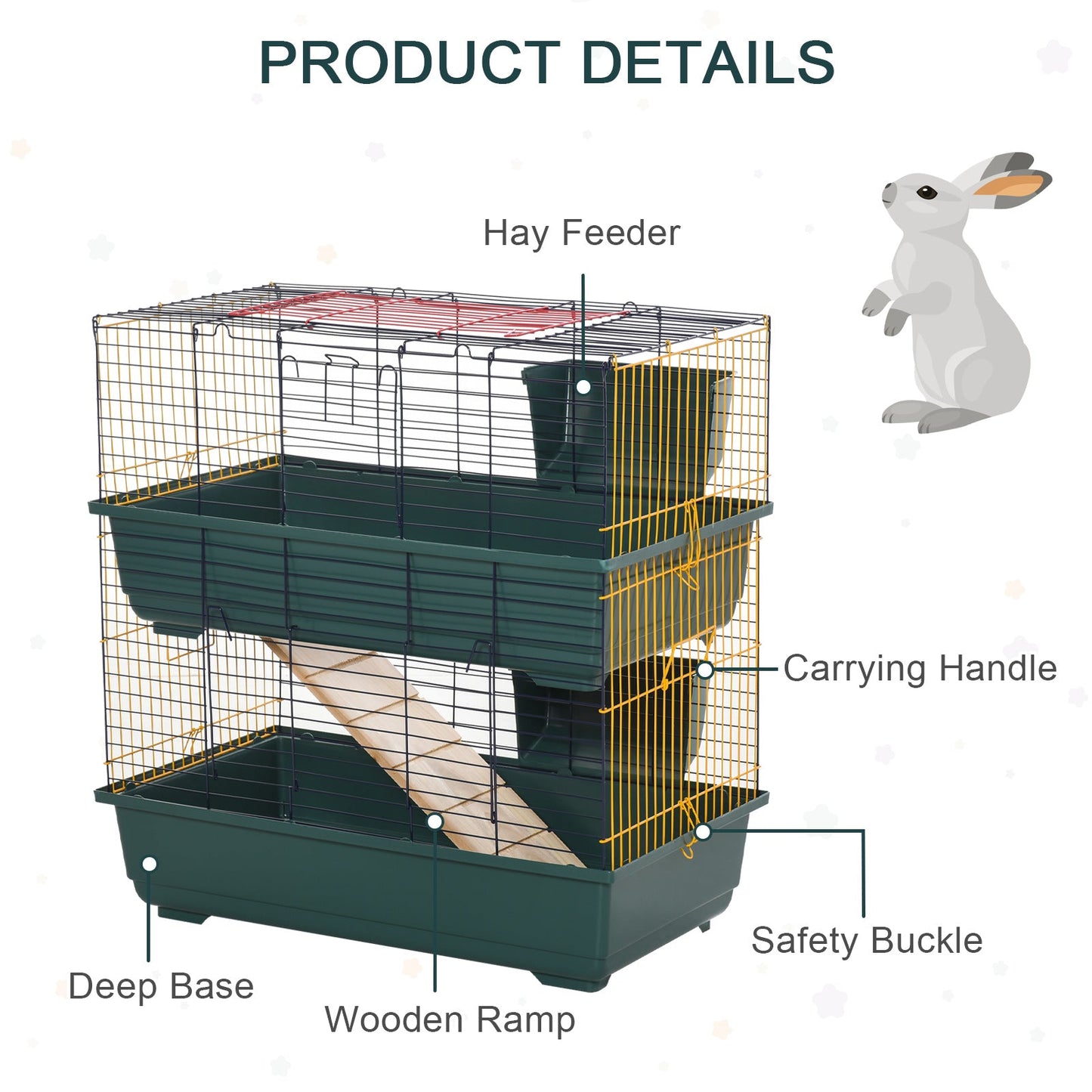 PawHut Indoor Rabbit Guinea Pig Cage Small Animal Cage Two Storey 80 x 44 x 82 cm