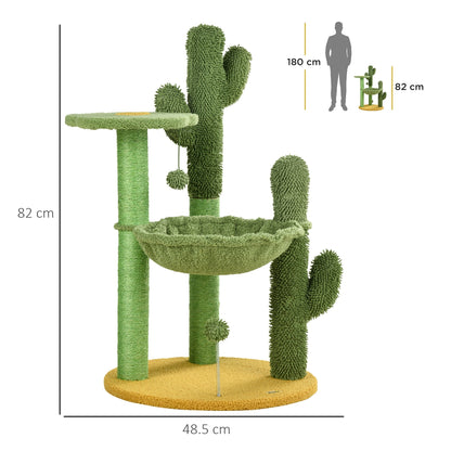 PawHut 82cm Chenille Cactus Cat Tree with Scratching Post, Hammock, Green