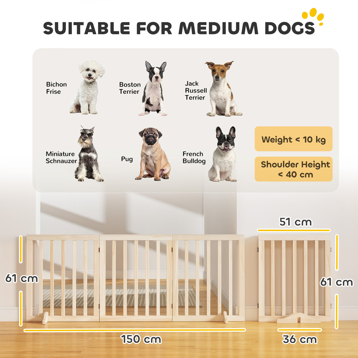 PawHut Wooden Dog Gate, 3-Panel Freestanding Pet Gates Indoor with 2 Support Feet and 360° Flexible Hinges, Natural
