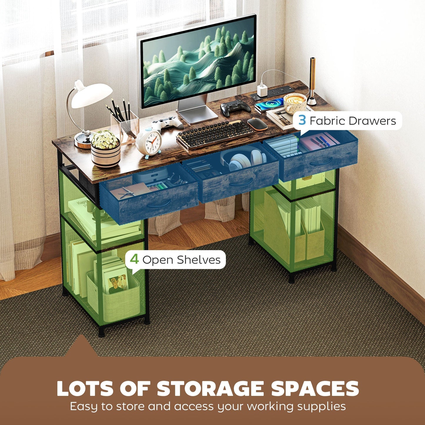 HOMCOM 120cm Computer Desk with Power Outlets, Office Desk Study Table with Fabric Drawers and Storage Shelves, Rustic Brown