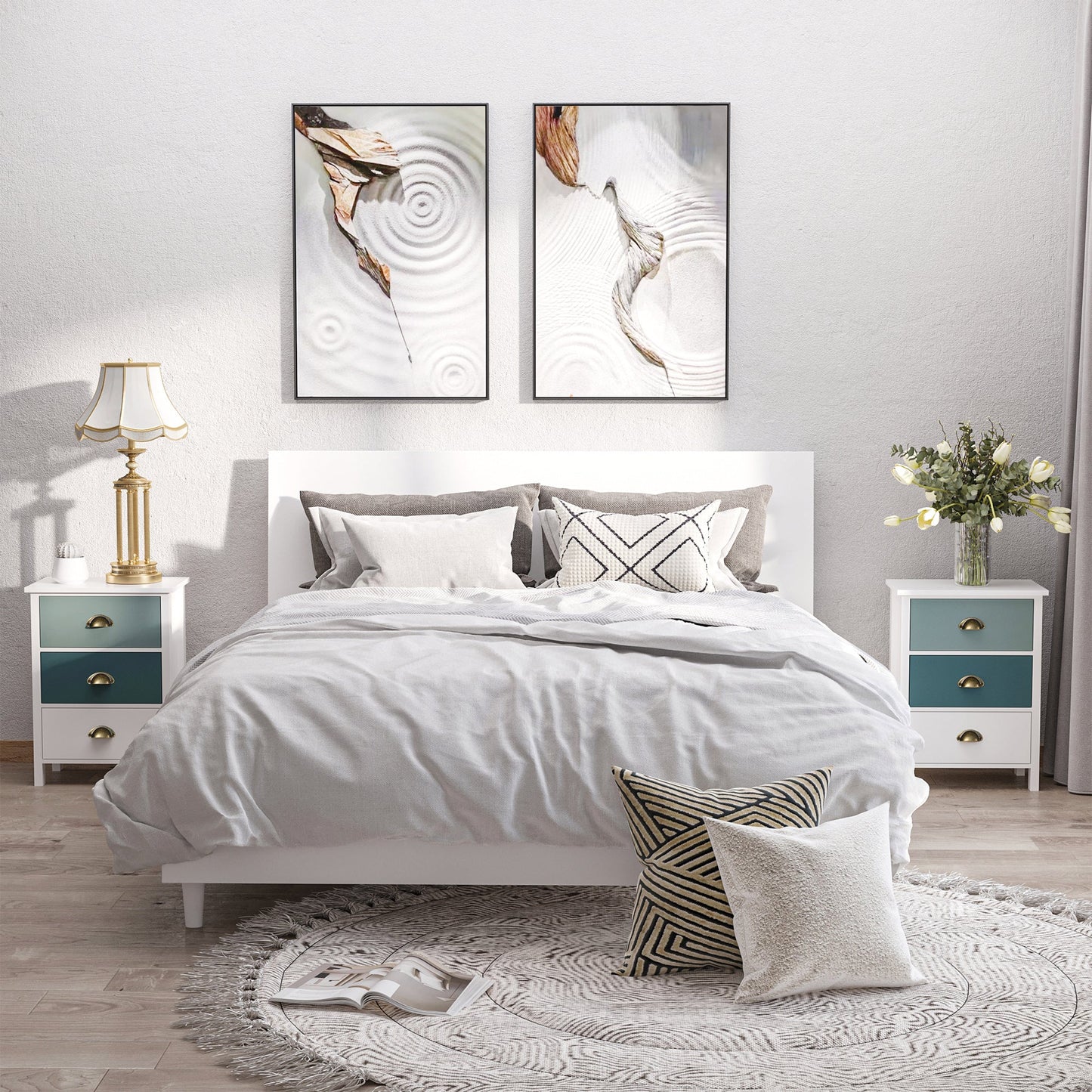 مجموعة طاولات بجانب السرير من HOMCOM مكونة من 2 خزانة ذات 3 أدراج وطاولات جانبية أنيقة بمقبض معدني وطاولة جانبية للأريكة لغرفة المعيشة وغرفة النوم باللونين الرمادي والأزرق