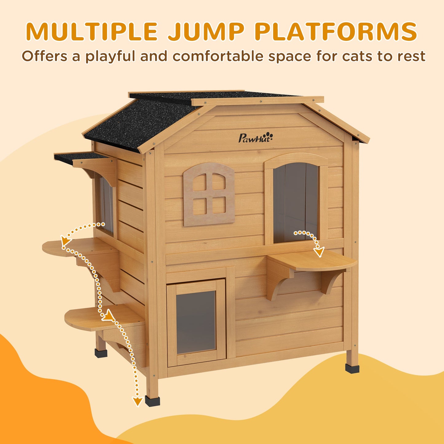 PawHut 2-story Cat House Outdoor, Weatherproof Wooden Cat Enclosure for Feral Cats with Escape Door, Openable Roof, Jumping Platforms, Natural Wood Finish