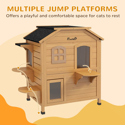 PawHut 2-story Cat House Outdoor, Weatherproof Wooden Cat Enclosure for Feral Cats with Escape Door, Openable Roof, Jumping Platforms, Natural Wood Finish