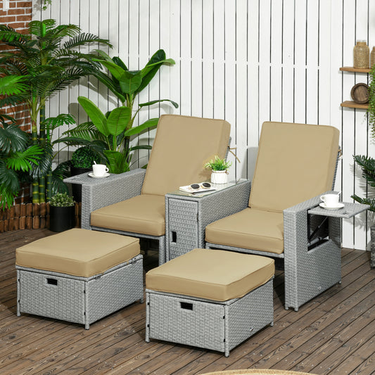 Outsunny 5PC PE Rattan Leżak, Zewnętrzna wiklina 5-poziomowa Regulowana Sofa Rozkładana z Bocznym Stolikiem i Podnóżkami, Na Patio, Do Ogrodu, Przy Basenie, Beżowy