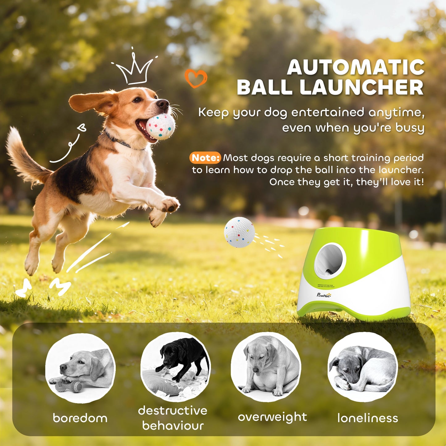 PawHut Automatic Dog Ball Launcher with 5 ETPU Tennis Balls 2.3", 3 Distance Settings 20/33/46ft, Green