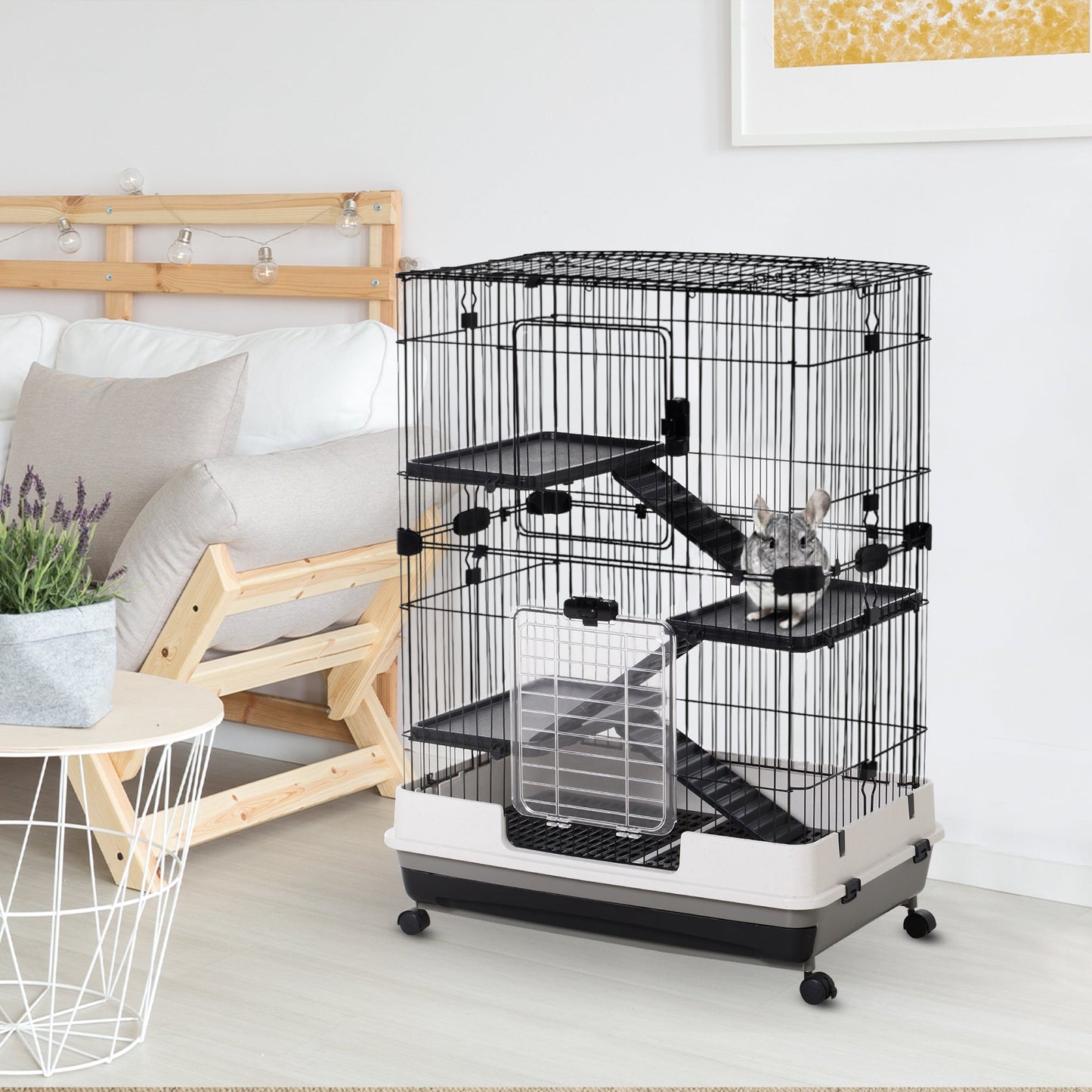 Pawhut 3 طبقات المتداول قفص أرنب الحيوانات الصغيرة Chinchillas Hutch Pet Play House مع منصة منحدر صينية قابلة للإزالة 81.2 × 52.7 × 110 سم