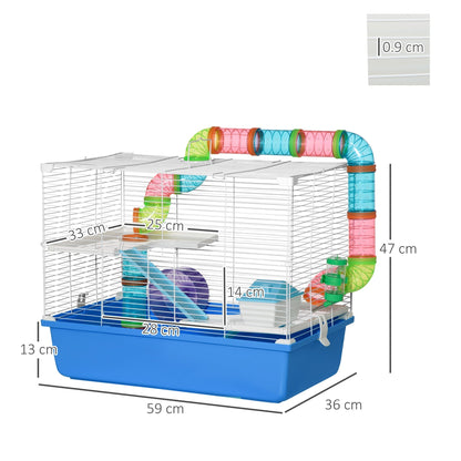 PawHut Large Hamster Cage, 3-Level Small Rodents House, with Tube Tunnel, Exercise Wheel, Water Bottle, Food Dish, Ramps, Hut, 59 x 36 x 47 cm, Blue