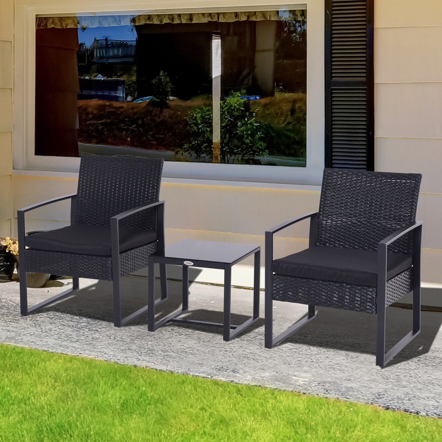 Outsunny Rattan Garden Furniture 2 مقاعد PE Rattan Wicker Patio Bistro مجموعة نسج حديقة شتوية أريكة طاولة القهوة وكراسي مجموعة سوداء