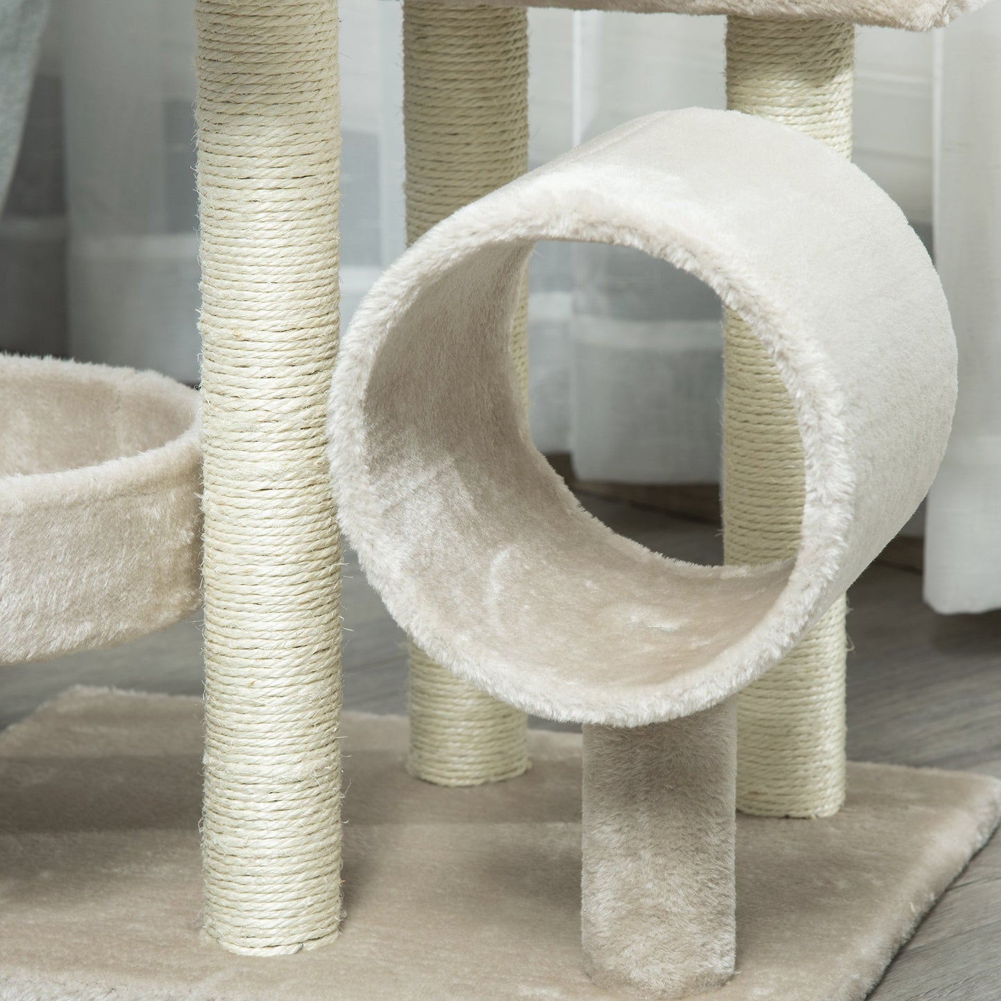 PawHut Cat Tree for Indoor Cats Kitten Pet Scratching Post Perch Activity Center Scratcher Climb Post Play House Arch with Tunnel 105cm Tall Beige