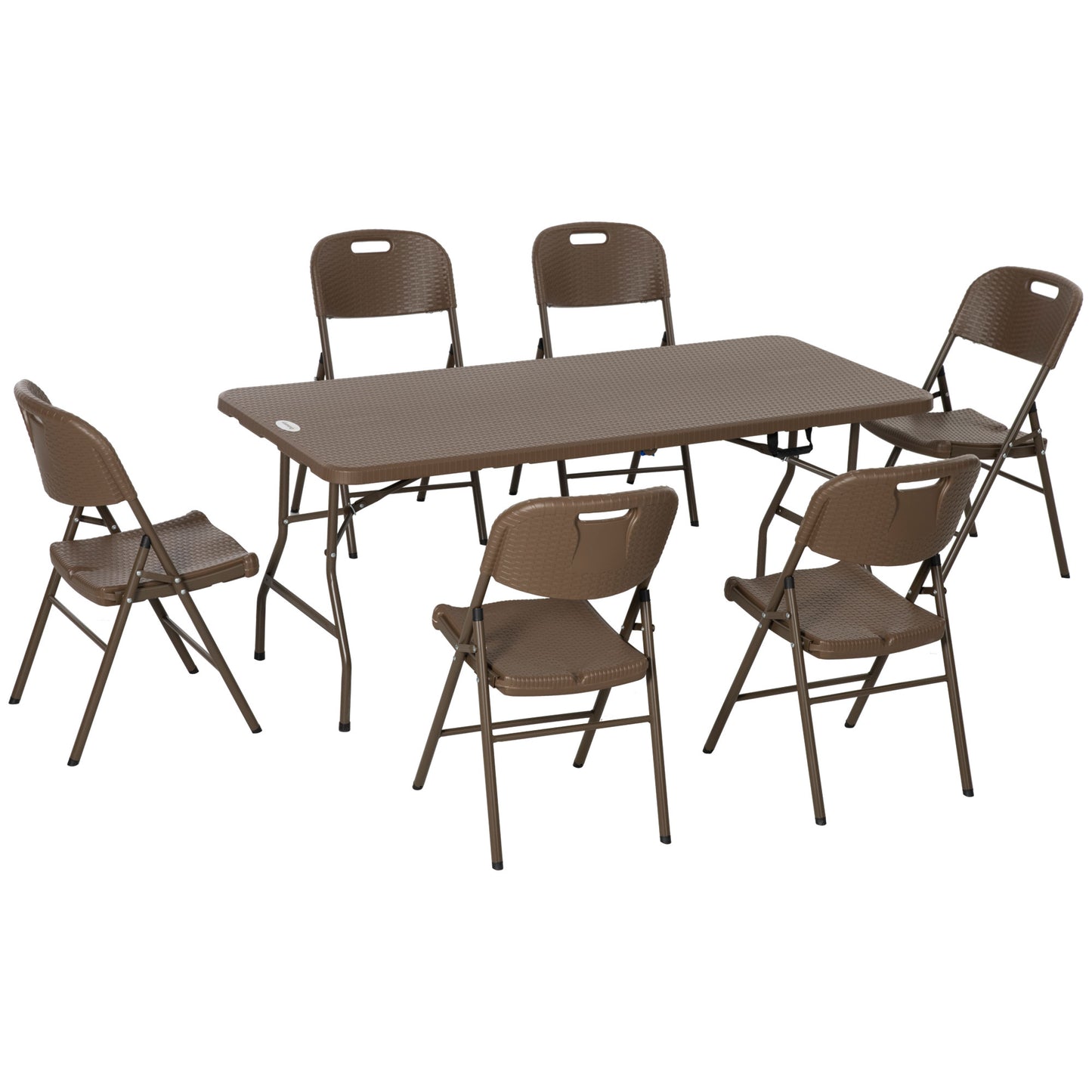 Zestaw jadalny Outsunny 6 Seater Rattan, zestaw mebli ogrodowych z HDPE, stół jadalny i krzesła z 6 fotelami, prostokątny plastikowy blat stołu na patio, balkon, ciemny brąz