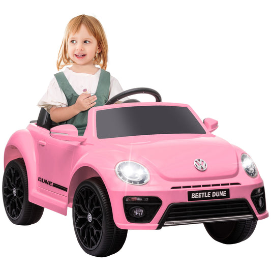 Samochód jeździk AIYAPLAY Volkswagen Beetle z licencją 12V, z pilotem, zawieszeniem kół, łagodnym rozruchem, światłami, muzyką, różowy