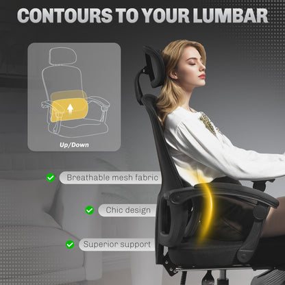HOMCOM Ergonomiczny fotel biurowy, siatkowe krzesło biurowe z wysokim oparciem, regulowanym podparciem lędźwiowym i zagłówkiem, podnóżkiem, odchylany fotel komputerowy dla kadry kierowniczej do nauki w domu, czarny