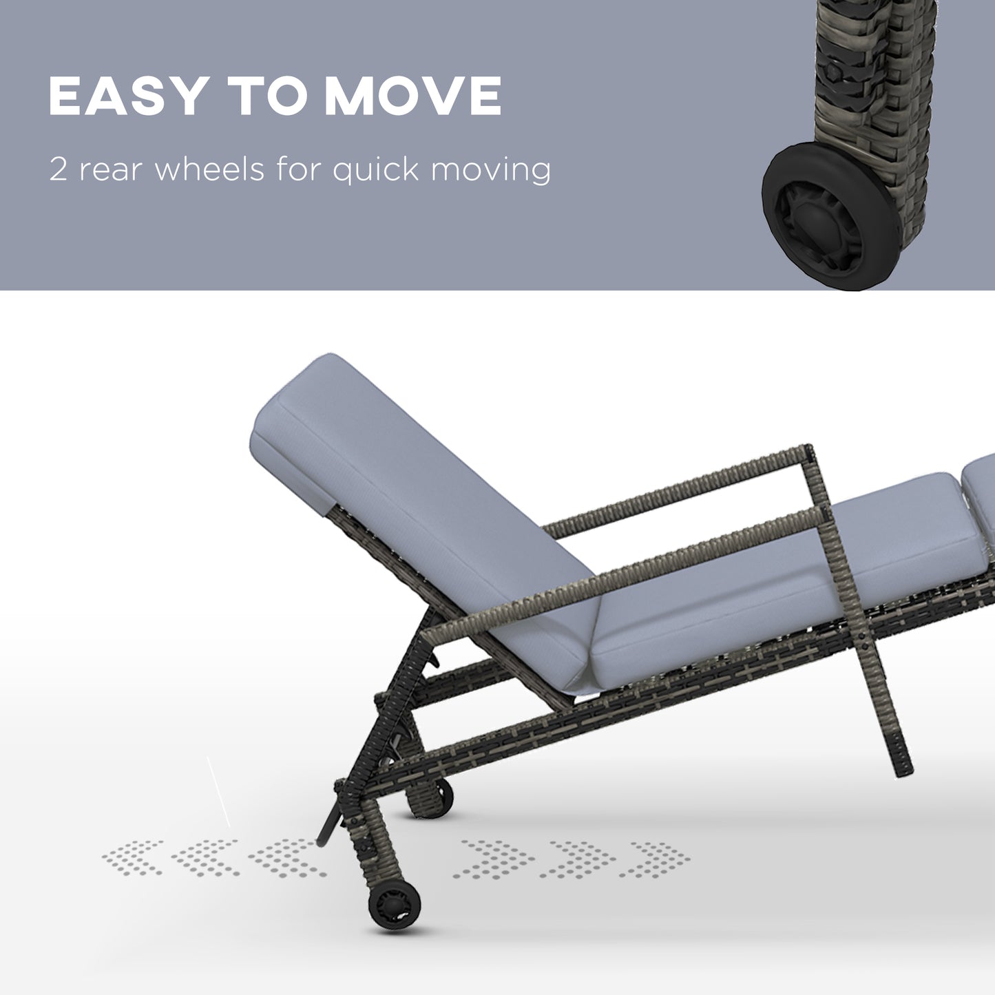 Outsunny Outdoor PE Rattan Sun Lounger Wicker Chaise Recliner Garden Chair z 5-poziomowym regulowanym oparciem i 2 kółkami, mieszany szary