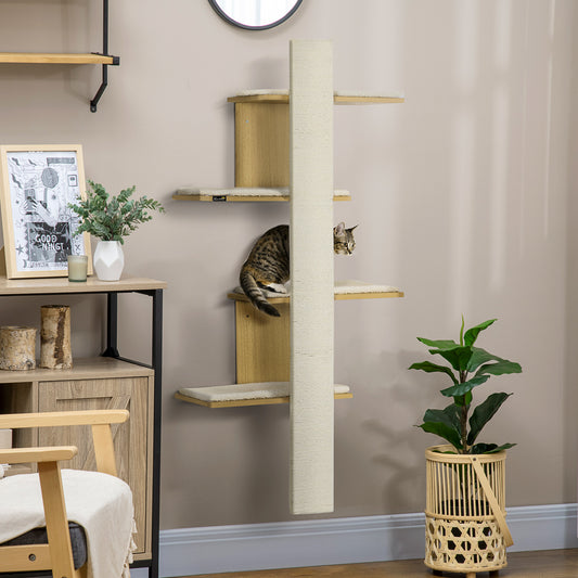 PawHut Four-Layer Wall-Mounted Shelf, with Cushions, Scratching Board - Oak Tone