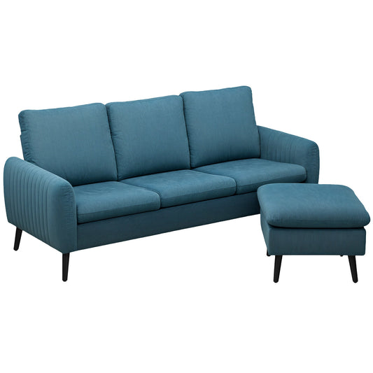 HOMCOM 3 Seater Sofa with Ottoman, 196cm Corduroy L-shaped Sofa Couch with Scatter Back, Reversible Chaise Lounge for Living Room, Home Office, Small Spaces, Blue
