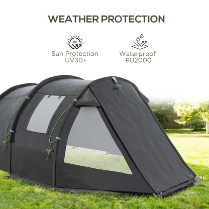 Outsunny 3-4 Man Tunnel Tent, Two Room Camping Tent with Windows and Covers, Portable Carry Bag, for Fishing, Hiking, Sports, Festivals - Black