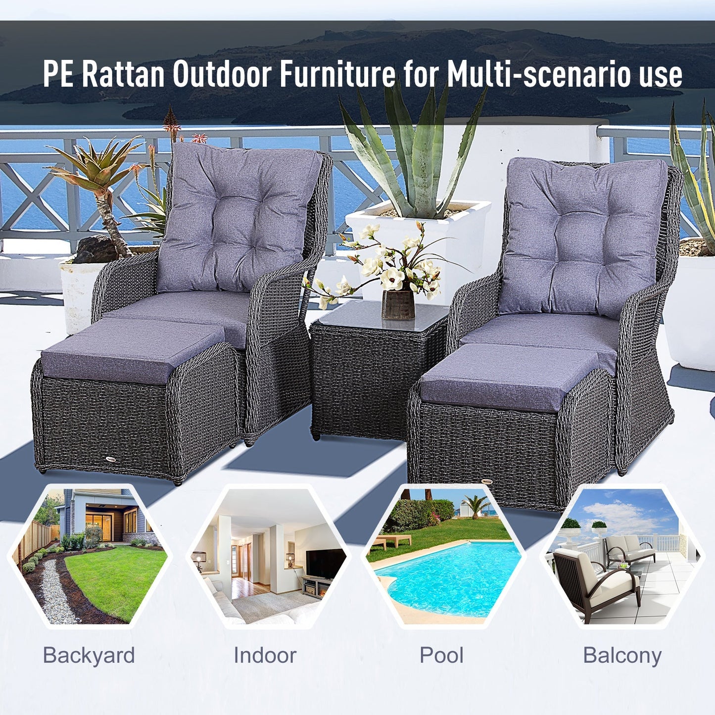 Outsunny 5PCS Deluxe Garden Rattan Furniture Sofa Chair & Stool Table Set Patio Wicker Weave Furniture Set Aluminium Frame Fully-assembly - Grey