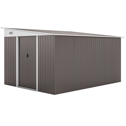 Outsunny 11.3 x 9.2ft Lean to Metal Garden Shed, Outdoor Galvanised Tool Storage House with Double Sliding Doors and 2 Air Vents, Grey