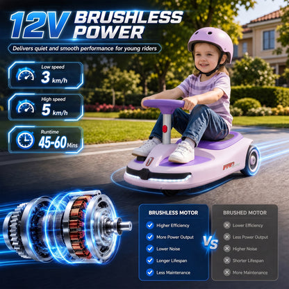 AIYAPLAY 12V Electric Wiggle Car with Pedal, Kids Electric Car with 2 Speeds, Soft Start, Music, Lights for 3-5 Years, Purple