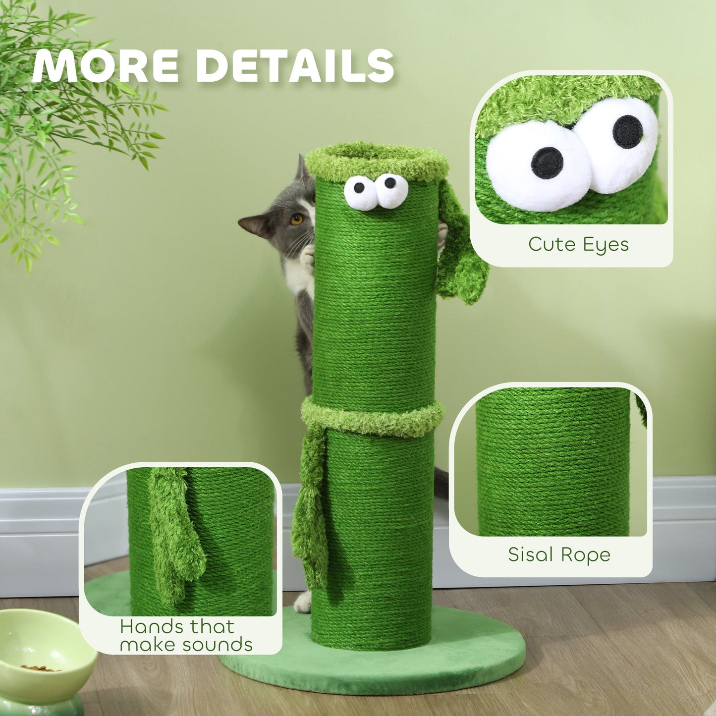 PawHut 63cm Cat Scratching Post for Indoor Cats, with Sisal Rope Cover, Large Base, Green