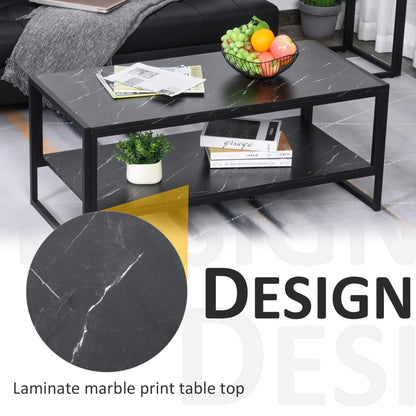 Two-Tier Laminate Marble Print Table Top Coffee Table w/ Metal Frame Foot Pads Elegant Modern Style 2 Shelves Home Display Storage Unit Black