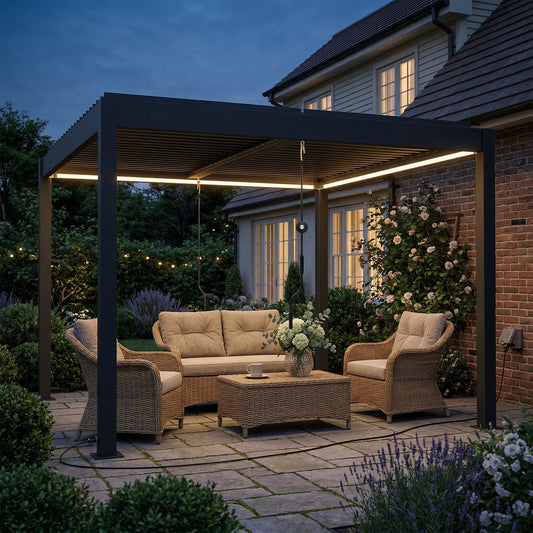 Outsunny 3 x 3 m Louvered Pergola with LED Lights, Metal Louvres, Aluminium Patio Gazebo Pergola, Dark Grey