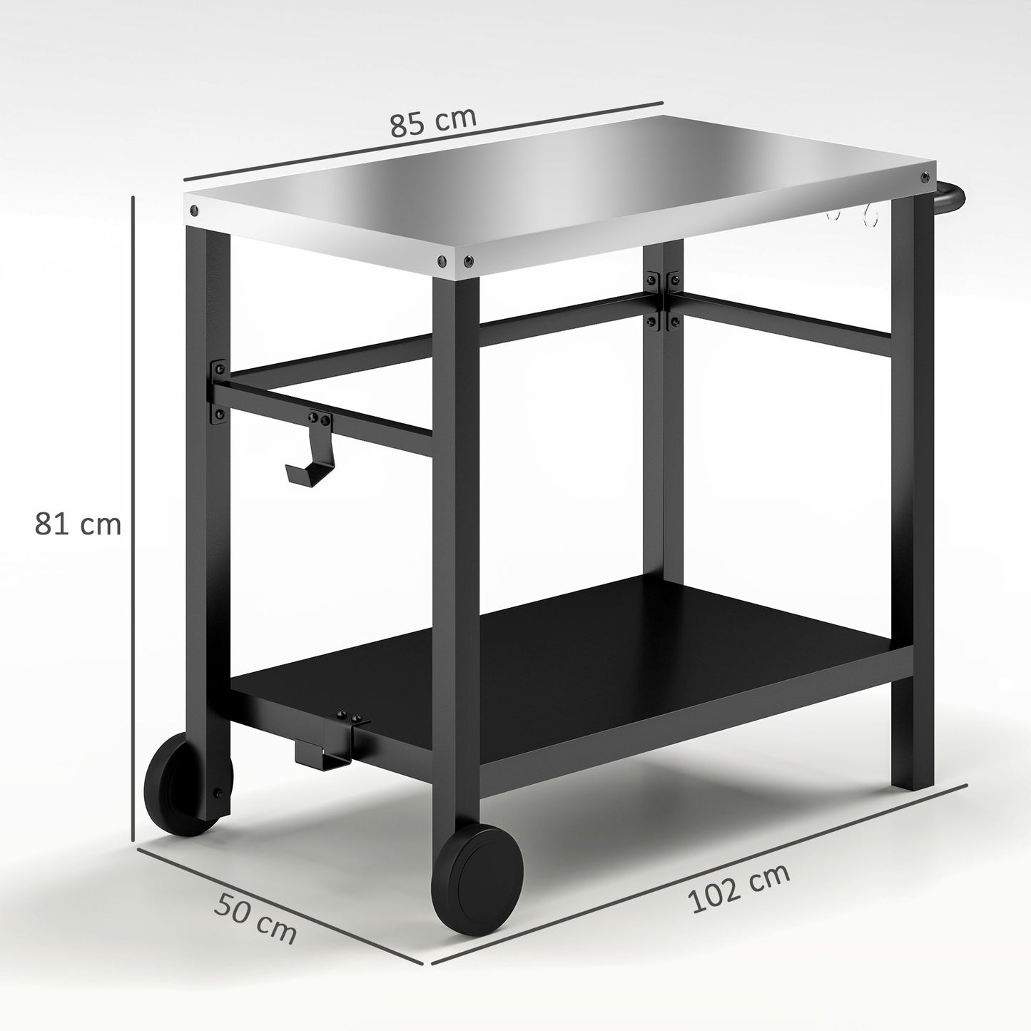Outsunny Outdoor Grill Dining Cart 2-Shelf Movable Pizza Oven Table Stand z blatem ze stali nierdzewnej, przenośny wózek do grilla Food Prep Outdoor Kitchen BBQ Station z haczykami, kółkami i uchwytem, ​​antracytowy
