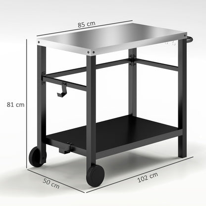 Outsunny Outdoor Grill Dining Cart 2-Shelf Movable Pizza Oven Table Stand z blatem ze stali nierdzewnej, przenośny wózek do grilla Food Prep Outdoor Kitchen BBQ Station z haczykami, kółkami i uchwytem, ​​antracytowy