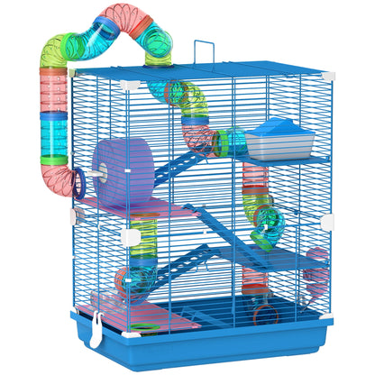 PawHut 5 Tier Hamster Cage Carrier Habitat w/ Exercise Wheels, Tunnel, Blue