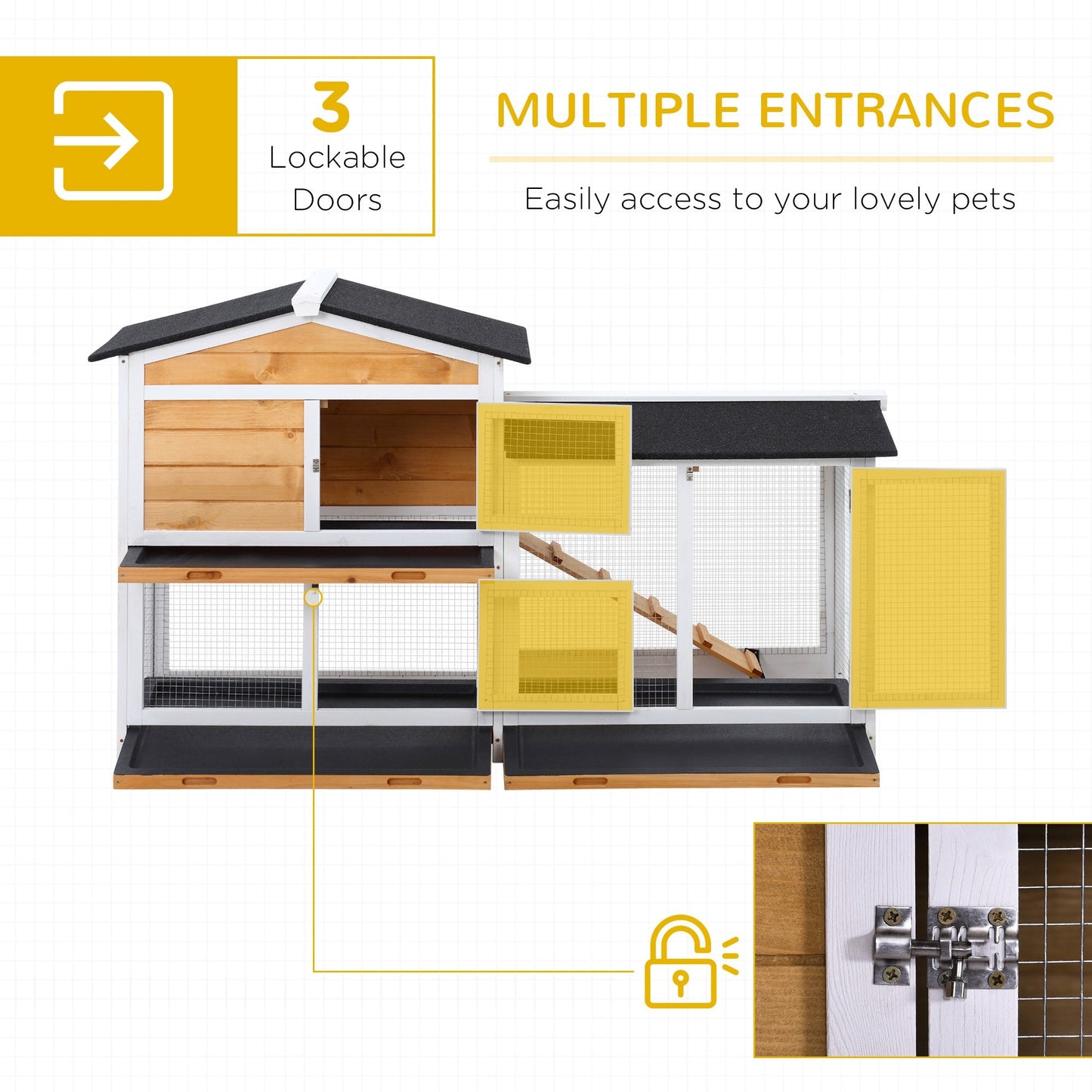 PawHut Rabbit Hutch Guinea Pig Hutch Wooden House with Run, 2 Tier Pet Cage Outdoor 157.4 x 53 x 93.5cm, Yellow