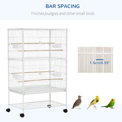 PawHut Large Bird Cage Budgie Cage for Finch Canaries Parakeet with Rolling Stand, Slide-out Tray, Storage Shelf, Food Containers, White