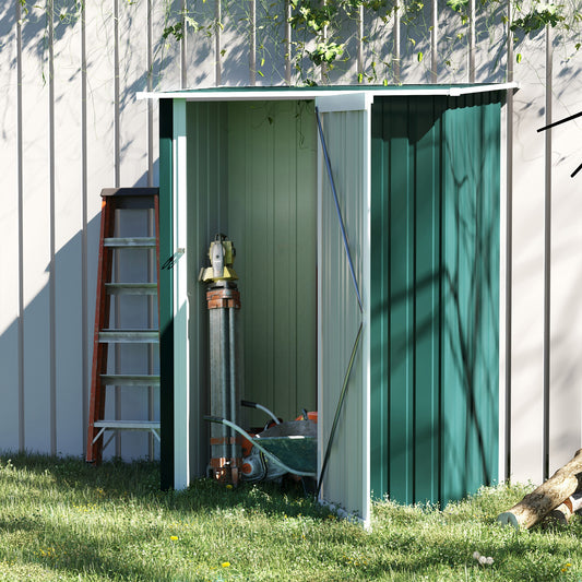 Outsunny 5ft x 3ft Metalowy ogrodowy schowek, zewnętrzny schowek na narzędzia ze spadzistym dachem, zamykane drzwi na narzędzia, sprzęt, zielony