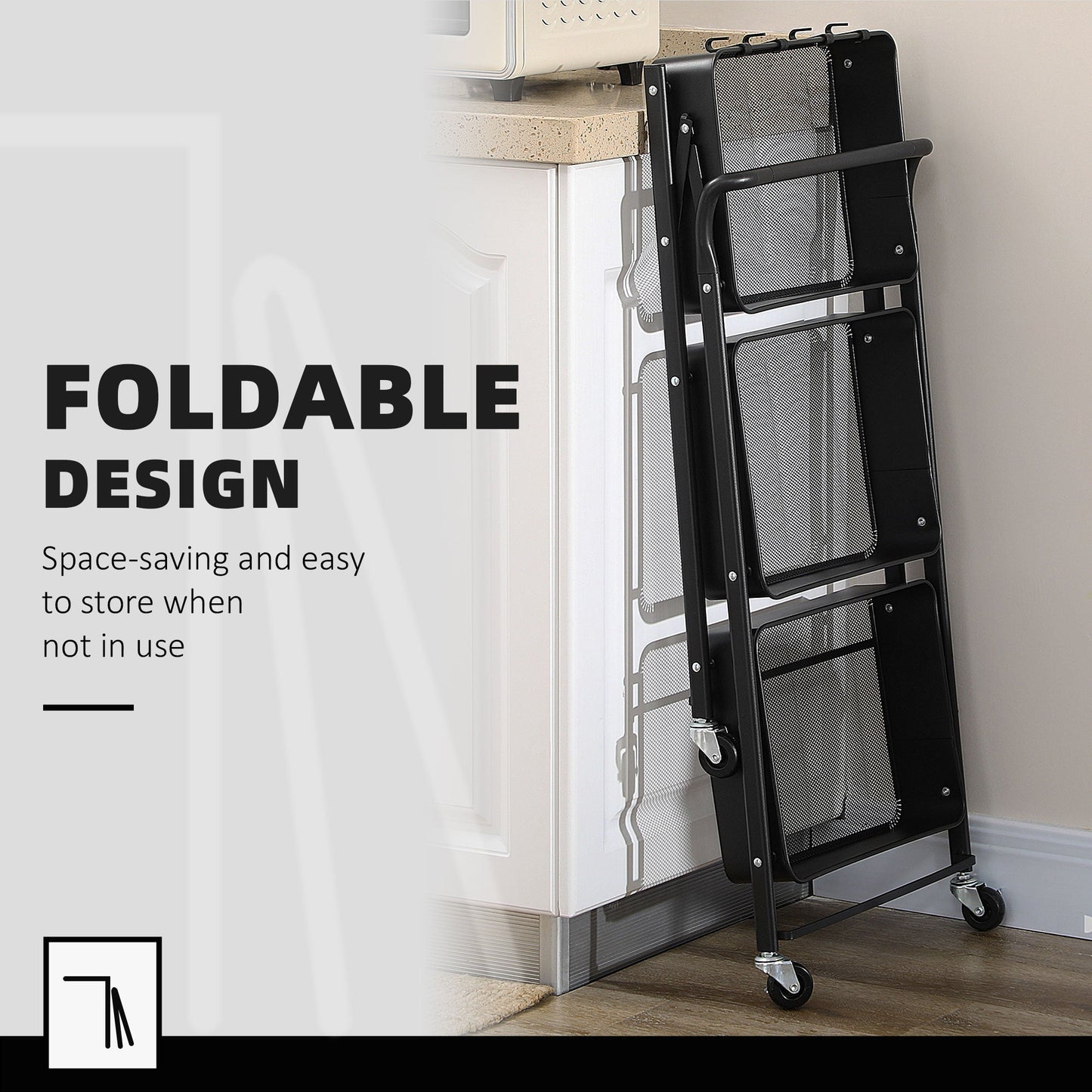 3 Tier Storage Trolley Utility Cart Foldable Rolling With 3 Mesh Baskets, 4 Removable Hooks for Living Room, Laundry and Kitchen, Black