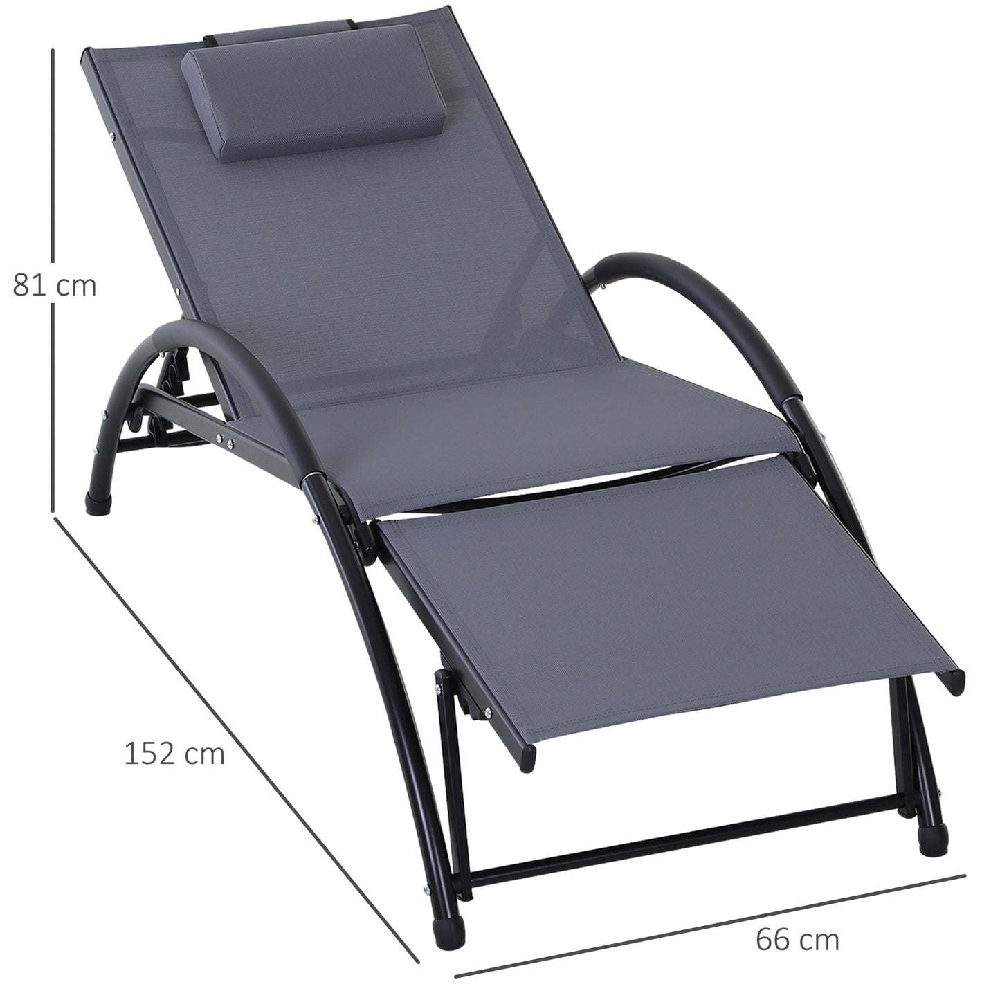 Outsunny Garden Patio Sun Lounger مسند ذراع نصف دائرة قابل للتعديل مسند للقدمين إطار من الألومنيوم مقعد ووسادة للحديقة في الهواء الطلق - رمادي