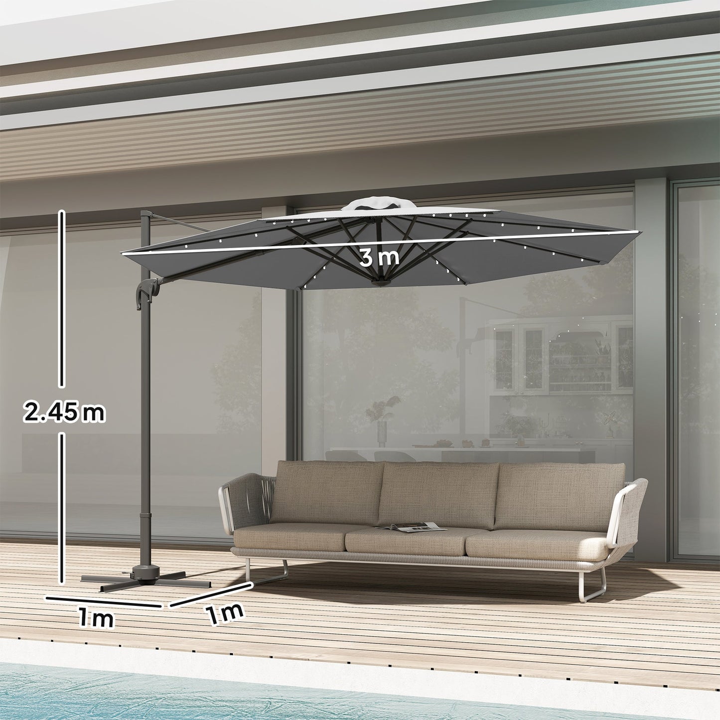 Outsunny 3(m) Cantilever Roma Parasol Patio Sun Umbrella with Crank & Tilt LED Solar Light Cross Base 360 Rotating Outdoor, Dark Grey