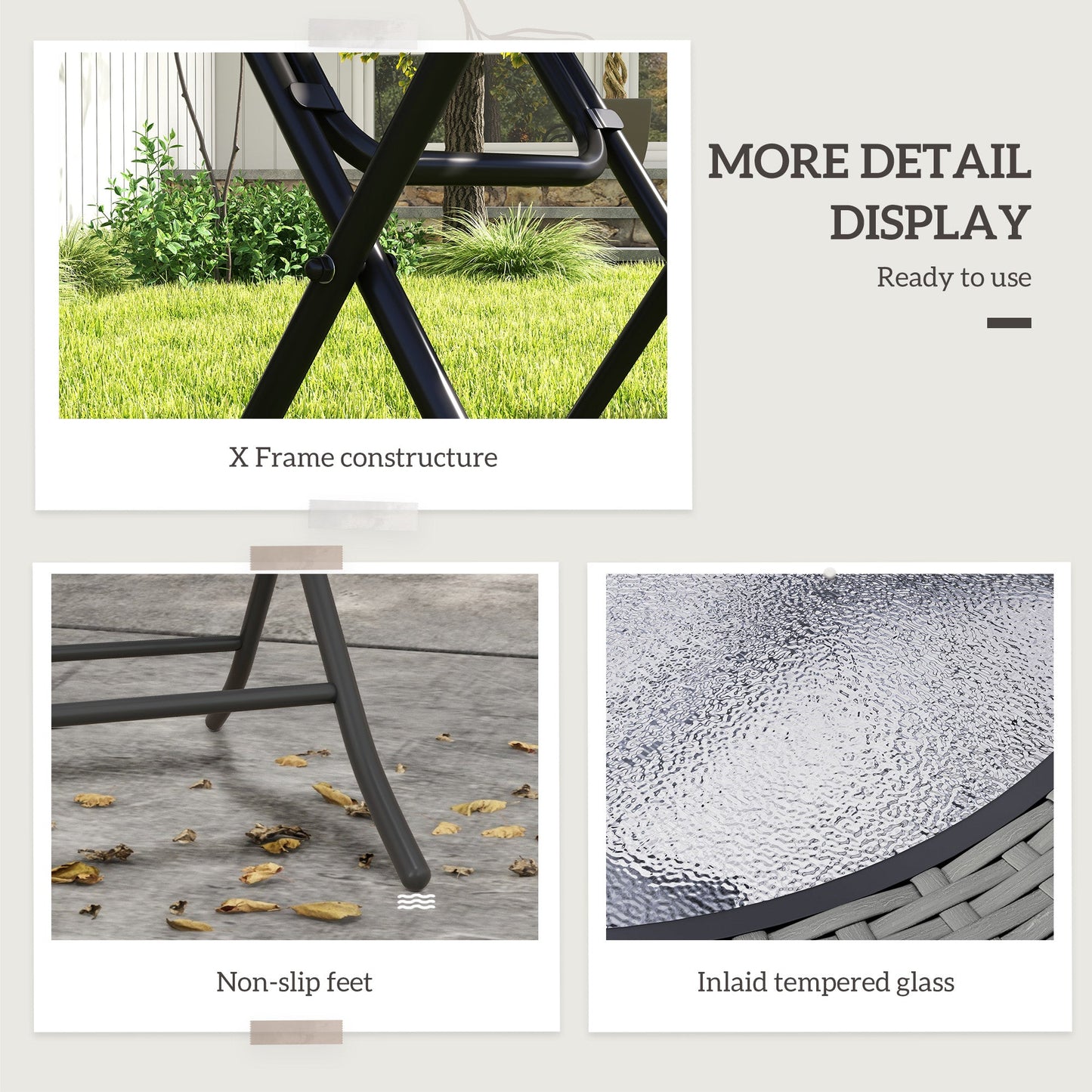 Outsunny Folding Rattan Garden Dining Table, 68 cm Round Rattan Garden Table with Water Ripple Tempered Glass Top, Wicker Edging and Steel Frame for Outdoor, Patio, Grey