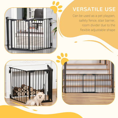 PawHut Pet Safety Gate, 3 Panels Playpen Fireplace, Metal Fence, Stair Barrier, Room Divider w/ Walk-Through Door - Black