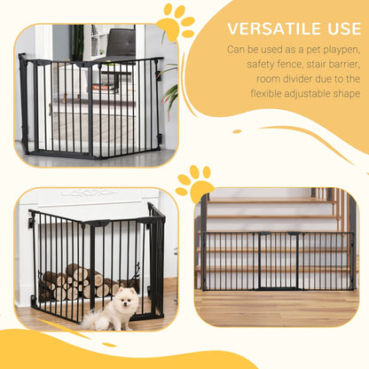 PawHut Pet Gate 3-Panel Playpen سياج أمان معدني، بوابة درج للكلاب حاجز غرفة مقسم مع المشي من خلال الباب قفل تلقائيا