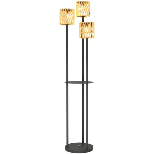 Lampa podłogowa Outsunny Boho Rattan, 3-lampowa lampa rattanowa z półką, wolnostojąca lampa ogrodowa solarna z automatycznym włączaniem/wyłączaniem, IP44 wodoodporna, na werandę, ścieżkę, taras, żółta